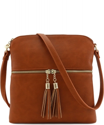 Fashion Puzzle Tassel Zip Pocket Crossbody Bag LP062S DARK TAN